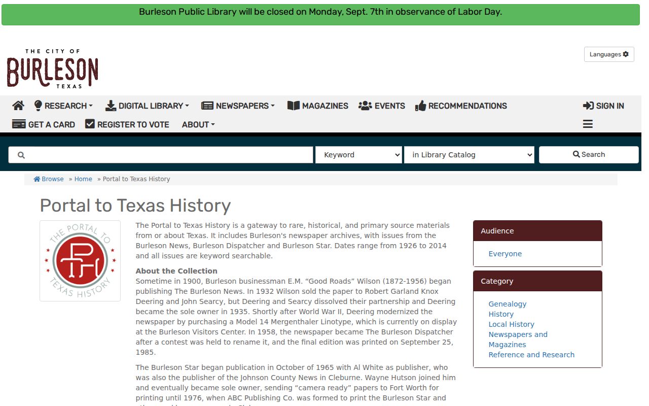 Burleson city directory digitized newspaper collection and date coverage
