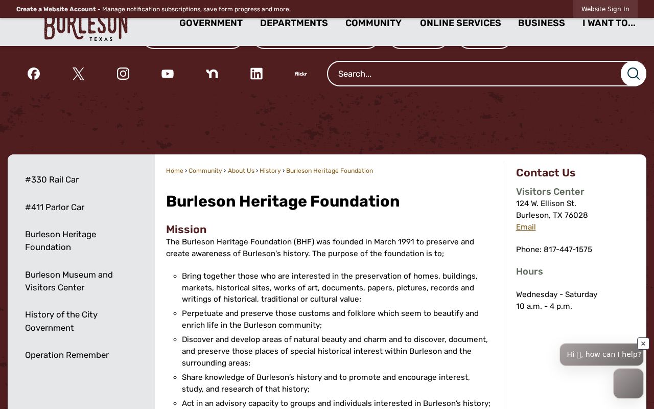 Burleson city directory Heritage Foundation historical collections and visitor information