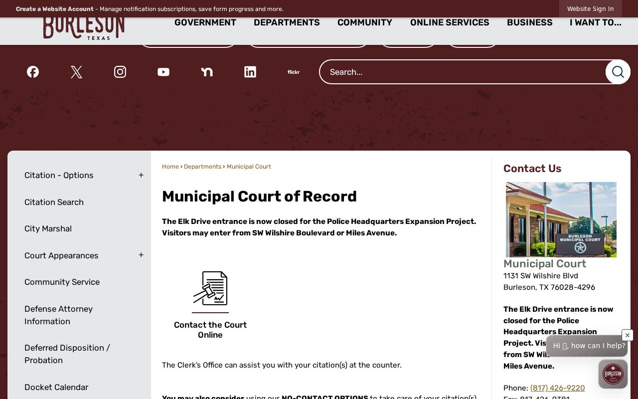 Burleson Municipal Court official information page