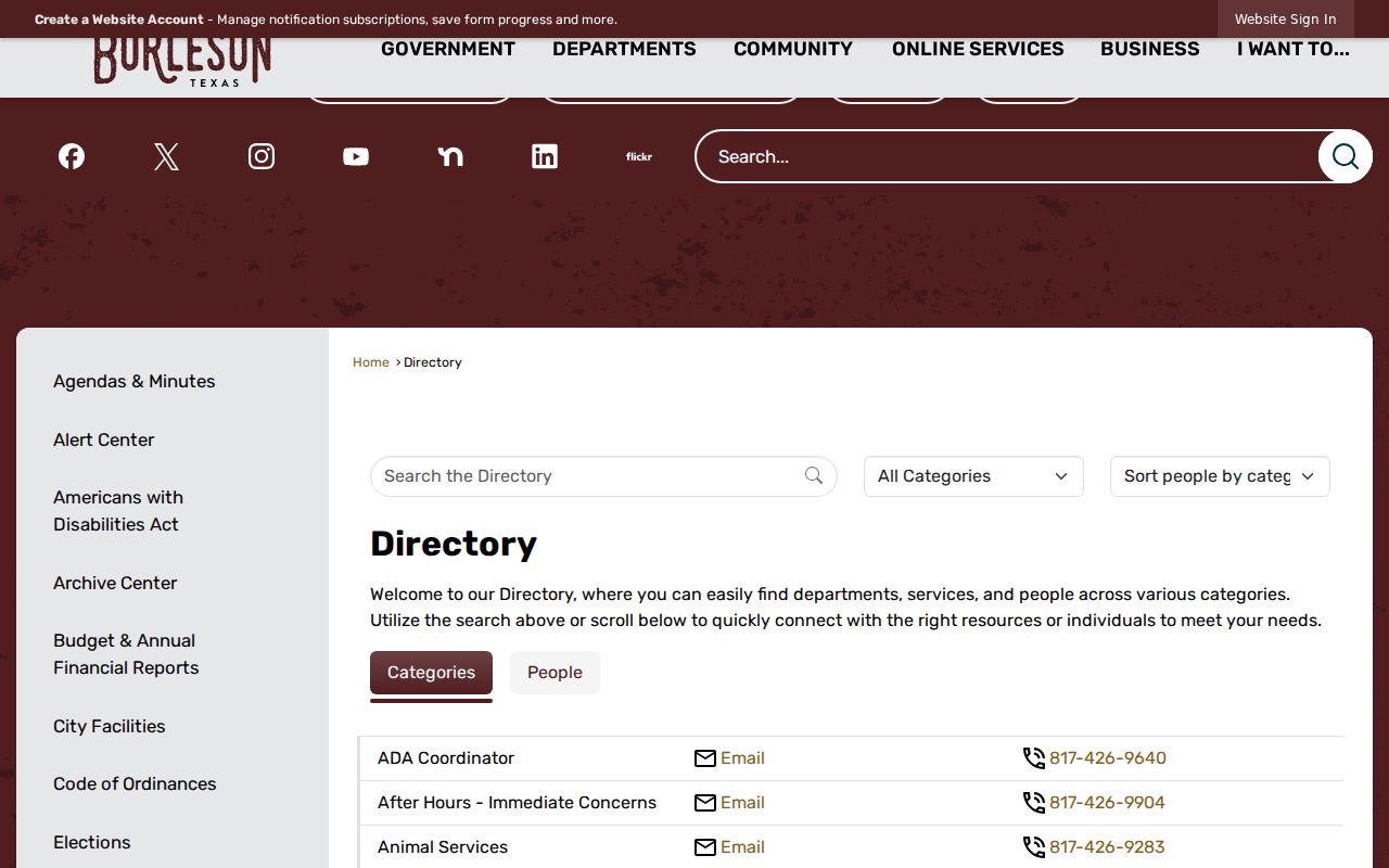Burleson city department directory page