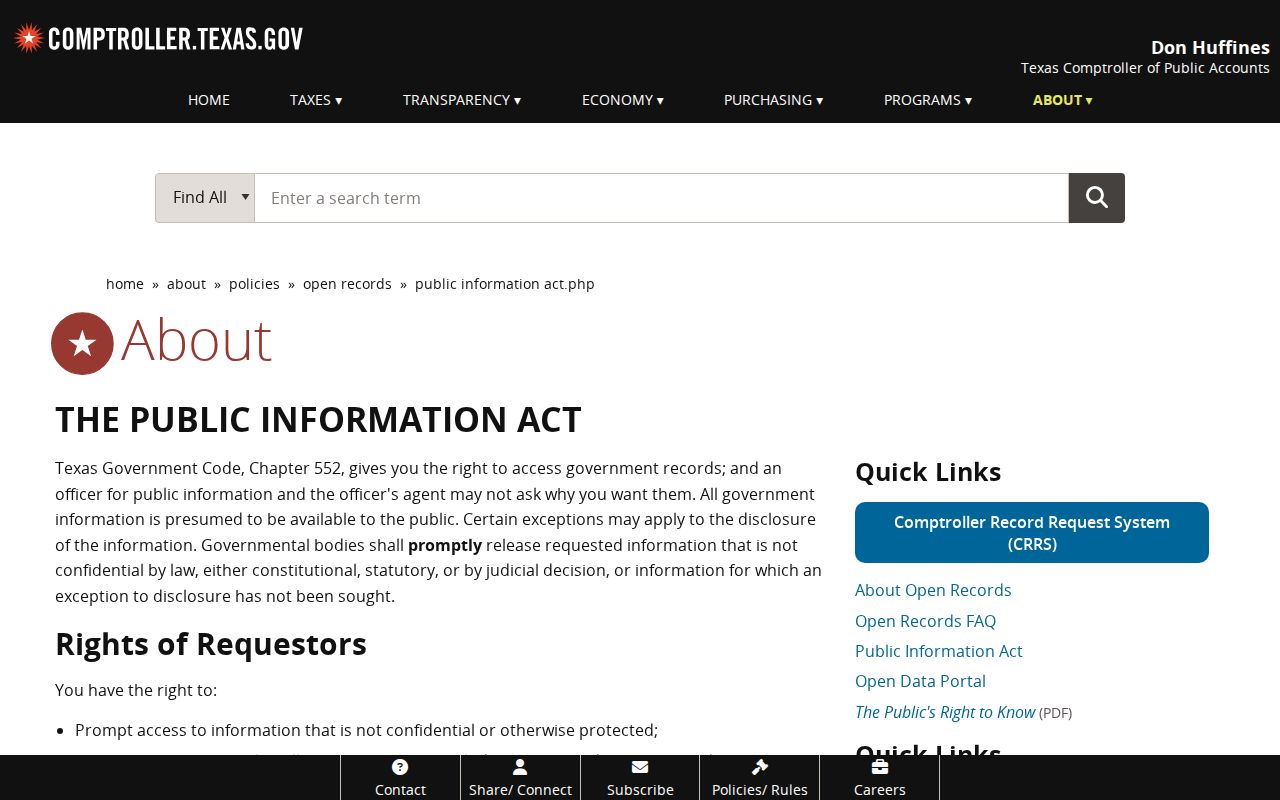 Texas Public Information Act official guidance