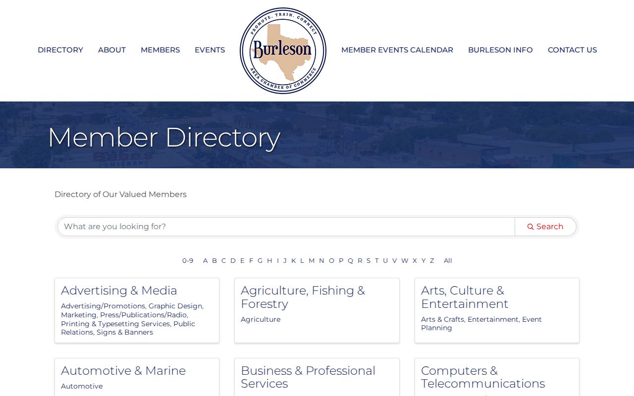 Burleson Chamber public business and community directory with category and ZIP search options