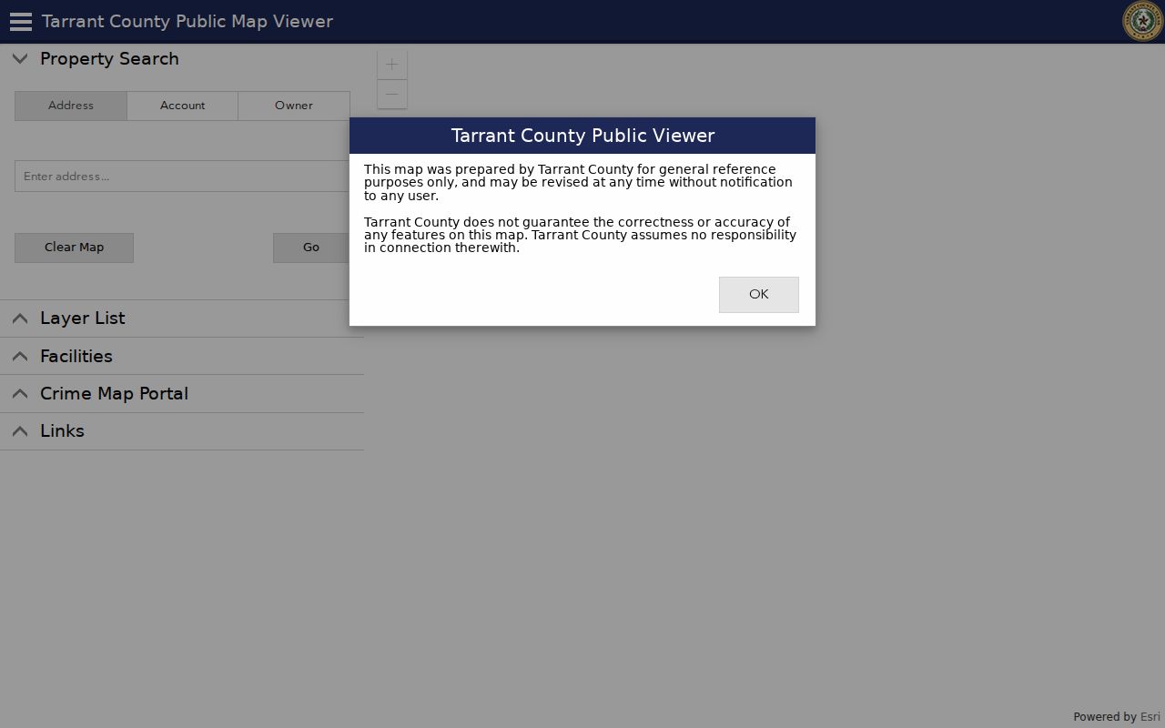 Tarrant County Public Map Viewer with address, account, and owner search tabs for property context