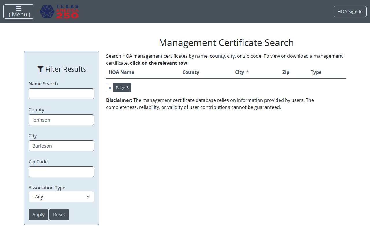 Texas HOA management-certificate search filtered for Burleson association records
