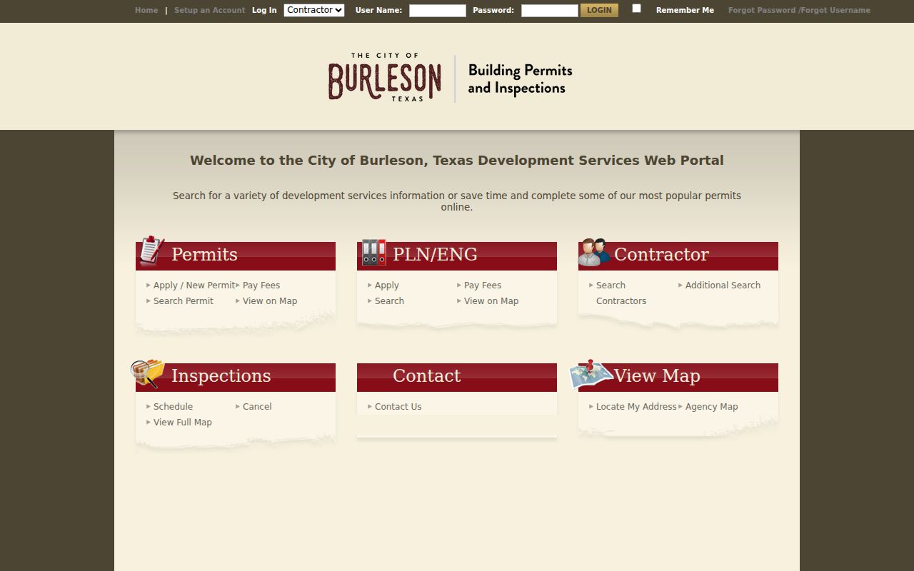 Burleson eTRAKiT portal for permit, plan, inspection, contractor, and address searches