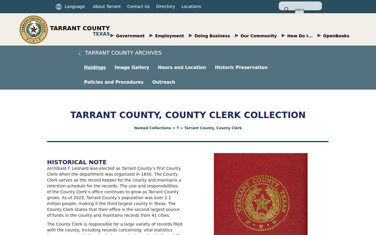 Tarrant County Clerk archival holdings page for county record research and collection context