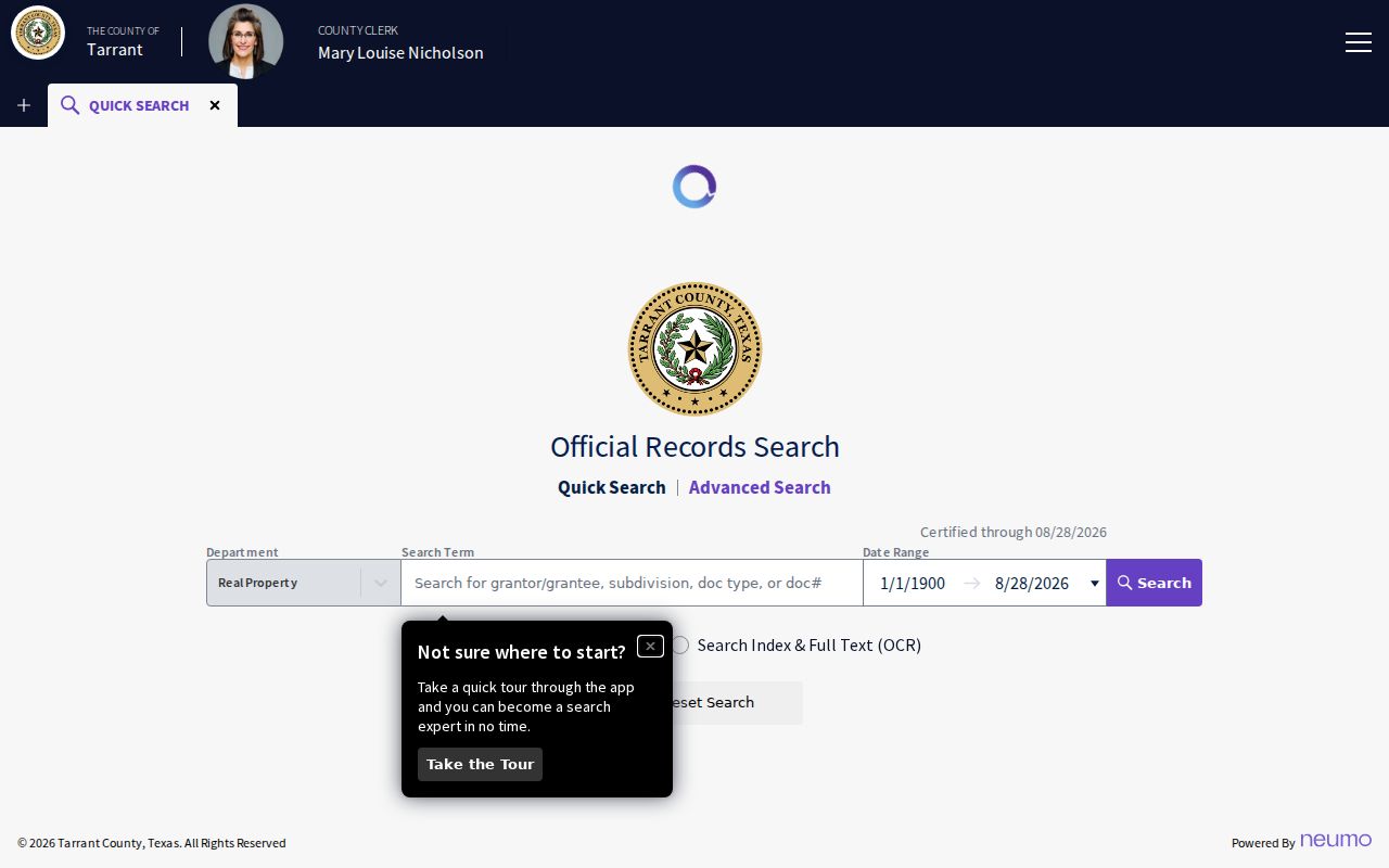 Tarrant County official-records Quick Search with recorded-date and index or OCR search controls