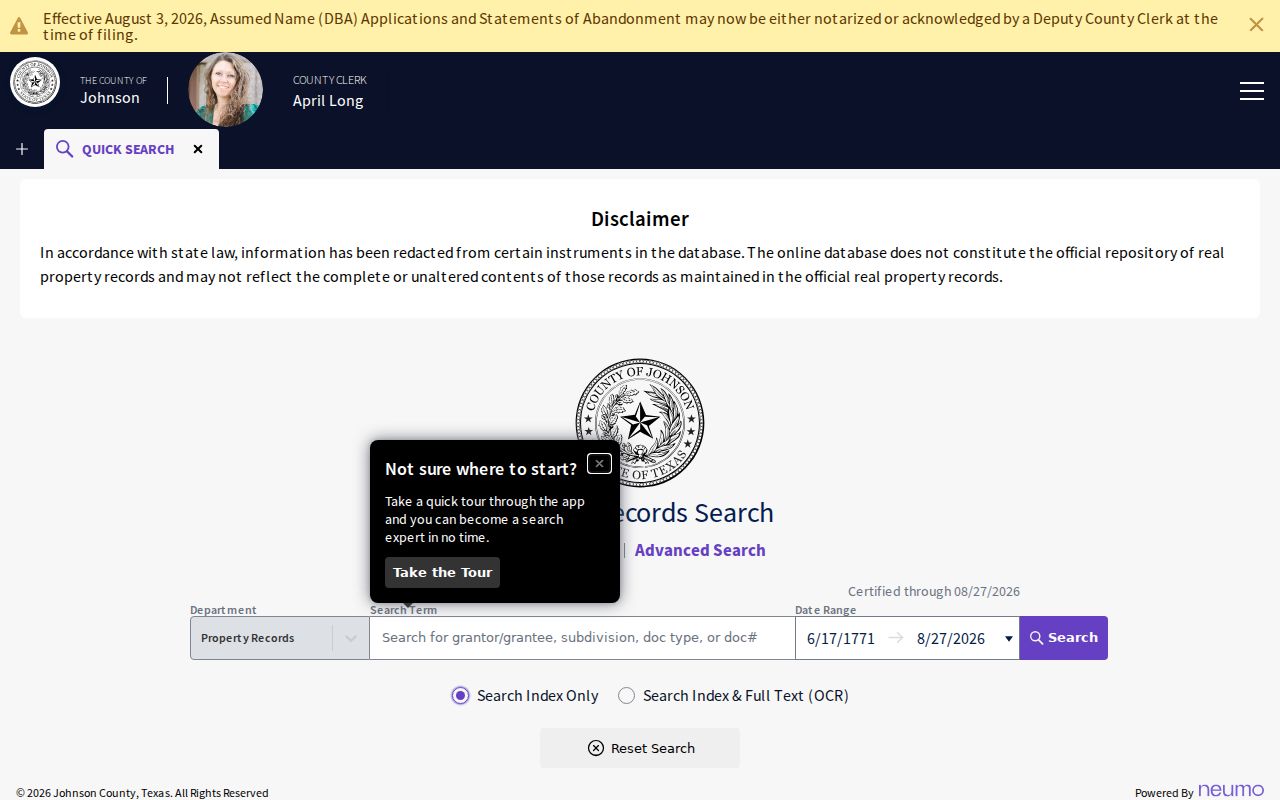 Burleson street directory Johnson County official-records Quick Search and OCR controls